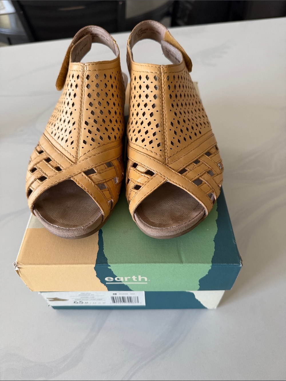 Earth Tan Perforated Leather Open-Toe Wedge Sandals - Earth